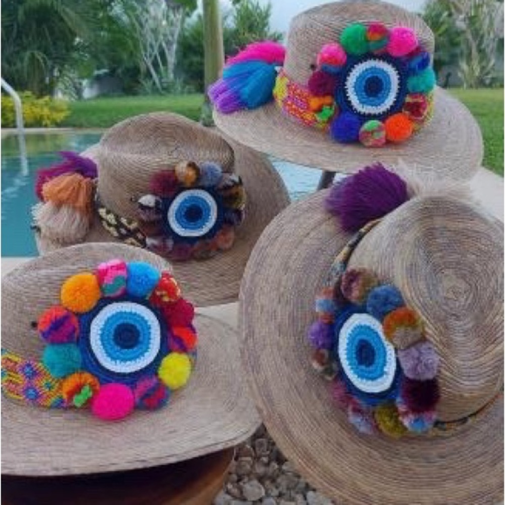 Vibrant Fun In the Sun Multicolor Pom Pom Evil Eye Protection Sunhat Beach Hat - Picture 6 of 8